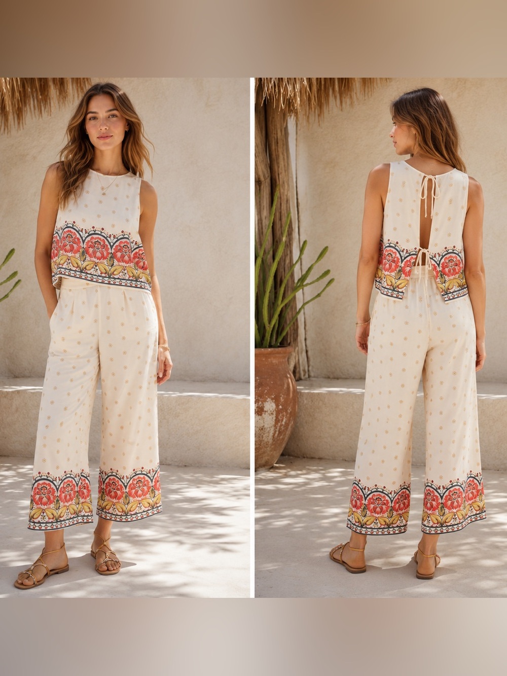 O’Neill Lacey Floral 2PC Crop Pants Set Boho Wide Leg size Medium